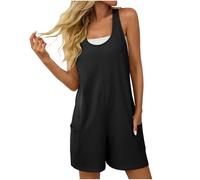 Mrat Womens Jumpsuit Summer Short Dungarees Casual Sleeveless Playsuit One-Piece Jumpsuits with Pockets Strap Wide Leg Romper Loose Fit Work Bib Overall Pants Ladies Elegant Workout Gym Athletic