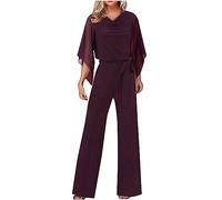 Mrat Womens Jumpsuits Elegant Wide Leg Evening Jumpsuit 3/4 Length Sleeves Festival Outfit Wedding Guest Outfits with Belt Casual One Piece Ruched Wrap V Neck&High Waist Romper Party Club Wedding Sale