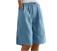 Mrat Women's Knee Length Shorts Loose Wide Leg Cotton Linen Shorts with Pockets Elastic Waist Casaul Plain Long Summer Bermuda Cargo Work Hotpants Bottoms Going Out Sale Workout Fitness Button Beach