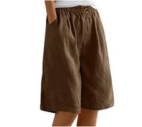 Mrat Women's Knee Length Shorts Loose Wide Leg Cotton Linen Shorts with Pockets Elastic Waist Casaul Plain Long Summer Bermuda Cargo Work Hotpants Bottoms Going Out Sale Workout Fitness Button Beach