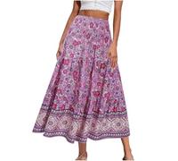 Mrat Women's Maxi Skirts Vintage Floral Bohemian Skirts A Line Swing Elastic High Waist Skirt Summer Casual Boho Tiered Skirt Jersey Dress Beach Travel Holiday Party UK 10 12 14 16 Clearance Deals