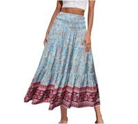 Mrat Women's Maxi Skirts Vintage Floral Bohemian Skirts A Line Swing Elastic High Waist Skirt Summer Casual Boho Tiered Skirt Jersey Dress Beach Travel Holiday Party UK 10 12 14 16 s
