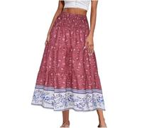 Mrat Women's Maxi Skirts Vintage Floral Print Bohemian Skirts A Line Swing Elastic High Waist Skirt Summer Casual Boho Tiered Midi Skirt Jersey Dress Beachwear Travel Holiday Party UK Size 8-18