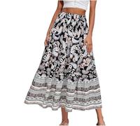 Mrat Women's Maxi Skirts Vintage Floral Print Bohemian Skirts A Line Swing Elastic High Waist Skirt Summer Casual Boho Tiered Midi Skirt Jersey Dress Beachwear Travel Holiday Party UK Size 8-18