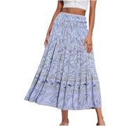 Mrat Women's Maxi Skirts Vintage Floral Print Bohemian Skirts A Line Swing Elastic High Waist Skirt Summer Casual Boho Tiered Midi Skirt Jersey Dress Beachwear Travel Holiday Party UK Size 8-18
