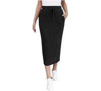 Mrat Women's Midi Skirts High Waist Ribbed Knit Bodycon Maxi Skirt Ladies Skinny Elegant Pencil Long Skirts Drawstring Stretchy Knee Length Skirt Flare Wrap Dress Work Office,Solid Color,Slim Fit,Sale