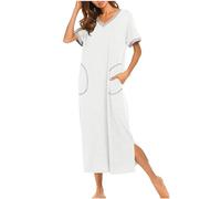Mrat Women's Nightdress Short Sleeve Nightshirts with Pockets Summer Sleepwear V Neck Nightgown Soft Boyfriend Long Nightwear Ladies Chemise Longwear Comfy Lingerie Dress Loose Baggy Negligees