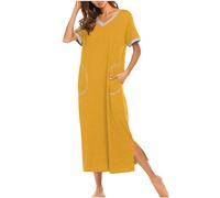 Mrat Women's Nightdress Short Sleeve Nightshirts with Pockets Summer Sleepwear V Neck Nightgown Soft Boyfriend Long Nightwear Ladies Chemise Longwear Comfy Lingerie Dress Loose Baggy Negligees
