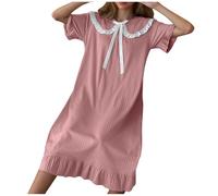 Mrat Women's Nightdresses & Nightshirts Pjs Sleepwear Frilly Trim Sleep Shirt Super Soft Cute Nightwear Vintage Solid Color Ruffle Sleeve Nighties Loungewear Ladies Elegant Dress Petite Pink