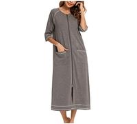 Mrat Women's Nightgown Cotton Dressing Gowns Bath Robe 3/4 Sleeve Knee Length Nightdress Sleepwear Lightweight Pyjamas Solid Color Loungewear Warm Nightshirts Cosy Kimono Bathrobe Homewear
