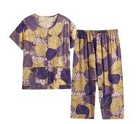 Mrat Women's Pajama Sets Floral Print Short Sleeve Button Down Tops Wide Leg Capri Pants 2 Piece Outfits Ladies Elegant Comfy Soft Nightwear Sleepwear Loungewear Homewear Pjs Leisure Summer Suits