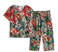 Mrat Women's Pajama Sets Floral Print Short Sleeve Button Down Tops Wide Leg Capri Pants 2 Piece Outfits Ladies Elegant Comfy Soft Nightwear Sleepwear Loungewear Homewear Pjs Leisure Summer Suits