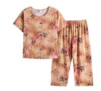 Mrat Women's Pajama Sets Floral Print Short Sleeve Button Down Tops Wide Leg Capri Pants 2 Piece Outfits Ladies Elegant Comfy Soft Nightwear Sleepwear Loungewear Homewear Pjs Leisure Summer Suits