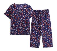 Mrat Women's Pajama Sets Floral Print Short Sleeve Button Down Tops Wide Leg Capri Pants 2 Piece Outfits Ladies Elegant Comfy Soft Nightwear Sleepwear Loungewear Homewear Pjs Leisure Summer Suits