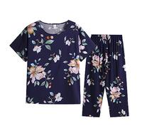 Mrat Women's Pajama Sets Floral Print Short Sleeve Button Top Wide Leg Capri Pant 2 Piece Outfits Ladies Elegant Comfy Soft Nightwear Sleepwear Homewear Homewear Pjs Summer Suits 14 16 18 20