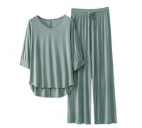 Mrat Womens Pyjama Sets Modal Cotton Soft Comfy Pjs Set Ladies Two Piece Outfits Short Sleeve V Neck T Shirts and Nightwear Drawstring Wide Leg Pants Leisure Suits Sleepwear Loungewear Co Ord Set