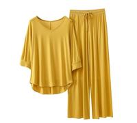 Mrat Womens Pyjama Sets Modal Cotton Soft Comfy Pjs Set Ladies Two Piece Outfits Short Sleeve V Neck T Shirts and Nightwear Drawstring Wide Leg Pants Leisure Suits Sleepwear Loungewear Co Ord Set