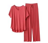 Mrat Womens Pyjama Sets Modal Cotton Soft Comfy Pjs Set Ladies Two Piece Outfits Short Sleeve V Neck T Shirts and Nightwear Drawstring Wide Leg Pants Leisure Suits Sleepwear Loungewear Co Ord Set