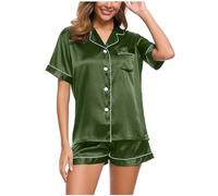 Mrat Women's Pyjama Sets Satin Silk Pyjamas for Women Ruffled Short Sleeve Summer Pj Set Two Piece Silk Pjs Button Down Bridesmaid Sleepwear Loungewear S-2XL Plain Leisure Suit Top Short Trousers
