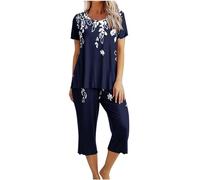 Mrat Womens Pyjamas 2 Pieces Outfits Sleepwear Lightweight Ladies Floral Print Sets Short Sleeve Round Neck Blouses Shirt Wide Leg Capri Cropped Pants Baggy Pjs Sets Comfy Nightwear Loungewear