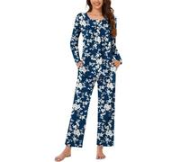 Mrat Womens Pyjamas Sets Floral Print Lightweight Loungewear Long Sleeve Round Neck Shirt Wide Leg Capri Pants 2 Pieces Outfits Ladies Sleepwear Pjs Sets Nightwear Casual Trousers Suits Homewear