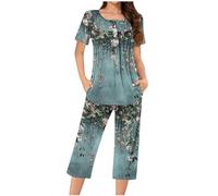 Mrat Womens Pyjamas Sets Lightweight Loungewear Short Sleeve Round Neck Shirt Wide Leg Capri Pants 2 Pieces Outfits Ladies Sleepwear Pjs Sets Nightwear Casual Floral Print Trousers Suits Homewear