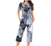 Mrat Womens Pyjamas Sets Lightweight Loungewear Short Sleeve Round Neck Shirt Wide Leg Capri Pants 2 Pieces Outfits Ladies Sleepwear Pjs Sets Nightwear Casual Floral Print Trousers Homewear Suits