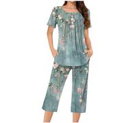 Mrat Womens Pyjamas Sets Lightweight Loungewear Short Sleeve Round Neck Shirt Wide Leg Capri Pants 2 Pieces Outfits Ladies Sleepwear Pjs Sets Nightwear Casual Floral Print Trousers Suits Homewear