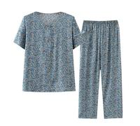 Mrat Womens Pyjamas Sets Plus Size Soft 2 Piece Pajama Set Cotton Linen Pjs Sets Floral Print Co Ord Short Sleeve Tops Wide Leg Trousers Comfort Nightwear Pajamas Comfy Loungewear Pyjama