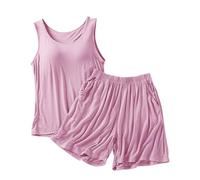 Mrat Women's Pyjamas Sets Super Soft Modal Cotton Pjs Set Sleeveless Tank Top Built in Bras Wide Leg Shorts Ladies Homewear Nightwear Comfy Loose Sleepwear Suits Solid Loungewear 10 12 14 16 18 20