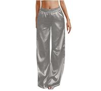 Mrat Womens Satin Pants Sparkly Casual Wide Leg Trousers Shinny Palazzo Trousers Ladies Elegant Soft Pants Elastic High Waist Metallic Casual Work Summer Lounge Straight Leg