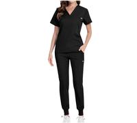 Mrat Women's Scrubs Set 2 PCS Medical Work Uniforms Short Sleeve V Neck Tunic Nurses Tops Joggers Trousers with Pockets Quick-Dry Slim Fit Beauty Salon SPA Pet Grooming Hospital Operating Room