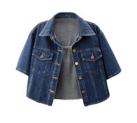 Mrat Women's Short Denim Jacket Cropped Jackets Stretch Slim Fit Jeans Western Trucker Jackets for Ladies Girls Distressed Short Sleeve Button Down Tops Pockets Vintage Boyfriend Coat Streetwear