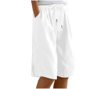 Mrat Womens Shorts Cotton Linen Shorts Summer Capri Pant Knee Length Bermuda Pant Cargo Cropped Trousers Casual Drawstring Elastic Waist Bottom Ladies Culottes Pockets Work Travel Golf UK S-3XL