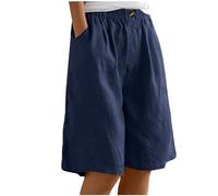 Mrat Womens Shorts Cotton Linen Shorts Summer Capri Pants Knee Length Bermuda Loose Cargo Cropped Trousers Casual Elastic Waist Ladies Culottes Pockets Sports Work Travel Golf 3XL