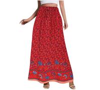 Mrat Women's Skirts Drawstring Pleated High Waist Skirts Floral Print Boho Midi Skirt A Line Swing Bohemian Dress Ladies Elegant Flowy Vintage Gypsy Skirt Party Going Out Summer Holiday Vacation