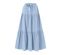 Mrat Women's Skirts Elegant Maxi Skirt Pleated Drawstring Elastic High Waist Skirts Summer Casual Loose A Line Swing Skirt Ladies Gypsy Vintage Long Linen Midi Length Dress Party Wedding Travel