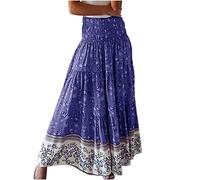 Mrat Women's Skirts Floral Print Elastic High Waist Maxi Skirts Ladies Elegant Bohe Beach A Line Skirt Casual Summer Bohemia Dresses Pleated Ruffle Flowy Swing Skirt Jersey Party Travel Holiday