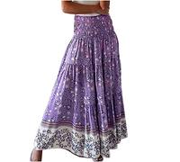 Mrat Women's Skirts Floral Print Elastic High Waist Maxi Skirts Ladies Elegant Bohe Beach A Line Skirt Casual Summer Bohemia Dresses Pleated Ruffle Flowy Swing Skirt Jersey Party Travel Holiday
