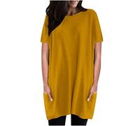 Mrat Womens Smock Tops Long Top to Wear with Leggings Round Neck Short Sleeve Tops Solid Color T-Shirt Longline Top Oversized Tees Summer Pocket Shirt Blouse Ladies Summer Size 12 Khaki L