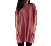 Mrat Womens Smock Tops Long Top to Wear with Leggings Round Neck Short Sleeve Tops Solid Color T-Shirt Longline Top Oversized Tees Summer Pocket Shirt Blouse Ladies Summer Size 12 Khaki L