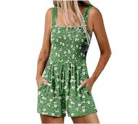 Mrat Women's Summer Casual Jumpsuits Smocked Rompers Floral Print Playsuit Square Neck Sleeveless Boho Dungarees Adjustable Shoulder Straps Lightweight Overalls Loose Fit Jumpsuit