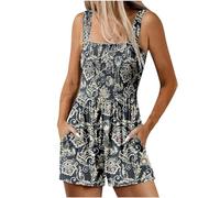 Mrat Women's Summer Casual Jumpsuits Smocked Rompers Floral Print Playsuit Square Neck Sleeveless Boho Dungarees Adjustable Shoulder Straps Lightweight Overalls Loose Fit Jumpsuit