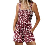 Mrat Women's Summer Casual Jumpsuits Smocked Rompers Floral Print Playsuit Square Neck Sleeveless Boho Dungarees Adjustable Shoulder Straps Lightweight Overalls Loose Fit Jumpsuit Sale Clearance