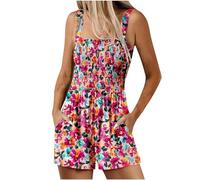 Mrat Women's Summer Casual Jumpsuits Smocked Rompers Floral Print Playsuit Square Neck Sleeveless Boho Dungarees Adjustable Shoulder Straps Lightweight Overalls Loose Fit Jumpsuit