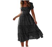 Mrat Womens Summer Maxi Dress Boho Beach Dresses Polka Dot Floral Dress Short Sleeve Square Neck Casual Bohemian Sundress Ladies Elegant A Line Swing Flowy Dresses Cocktail Wedding Party Going Out