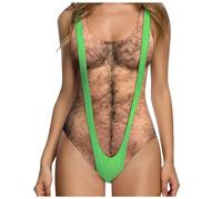 Mrat Women's Swimsuit One Pieces Funny Swimming Costumes Hairy Body Chest 3D Printed Hippie Bathing Suit Ladies Sexy Backless Ugly Funny Novelty Fake Muscles Beachwear Bodysuits Monokinis Beachwear