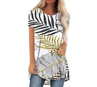 Mrat Womens Tops Long Tops To Wear With Leggings Round Neck Short Sleeve Leaf Print T-shirt Longline Oversized Tees Summer Smock Shirt Blouse Ladies Summer Size 16 Khaki XXL