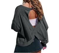 Mrat Womens Tops Open Back Crop Round Neck Blouses Shirts Long Sleeve Workout Shirts Off Shoulder Backless Shirt Loose Casual Solid Color Tops Ladies Elegant Cross Back Hollowing Design Going Out