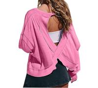 Mrat Womens Tops Open Back Crop Round Neck Blouses Shirts Long Sleeve Workout Shirts Off Shoulder Backless Shirt Loose Casual Solid Color Tops Ladies Elegant Cross Back Hollowing Design Going Out